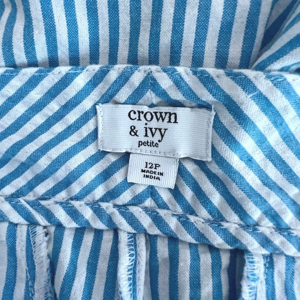 Scalloped Seersucker Shorts Women 12P Striped Blue White Cotton Preppy Coastal
